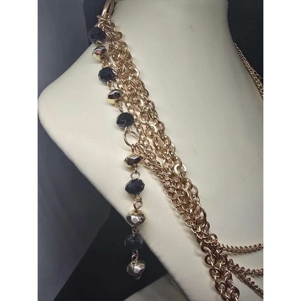 Rose Gold Tone Multi Strand Layered Statement Necklace Black Beaded Asymmetrical